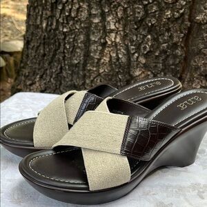 a.n.a Cream and Brown Wedge Sandals with Slip-On Design